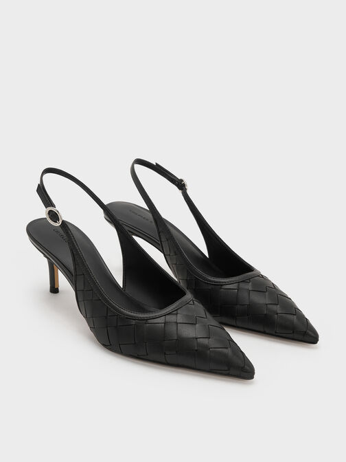 حذاء إيفيت بكعب ونمط منسوج ومقدمة مدببة وتصميم سلينجباك مفتوح الظهر, أسود, hi-res