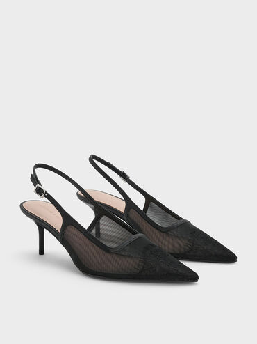 حذاء بامبس بكعب عالٍ سلينجباك مدبب من الشبك والدانتيل, أسود خشن, hi-res