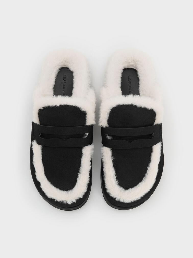 Furry Flatform Mules, Black Textured, hi-res