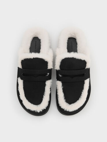 Furry Flatform Mules, Black Textured, hi-res