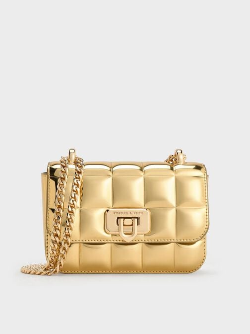 Metallic Square-Quilted Chain-Handle Bag, Gold, hi-res