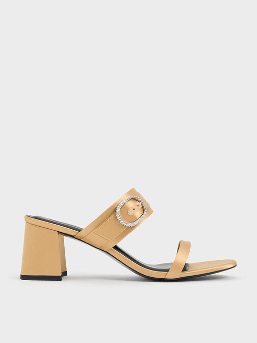 Recycled Polyester Crystal-Buckle Block-Heel Mules, Champagne, hi-res