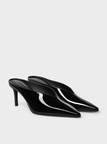 Patent Pointed Heeled Mules, Black Patent, hi-res