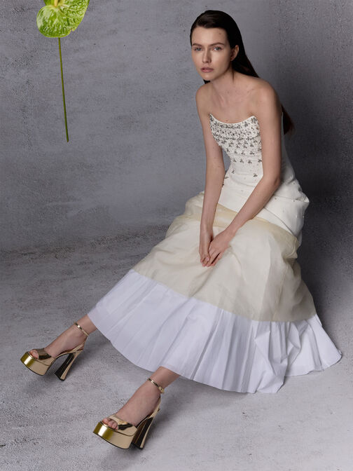 صندل ميشيل من الجلد اللامع بنعل مرتفع ولون معدني, ذهبي, hi-res