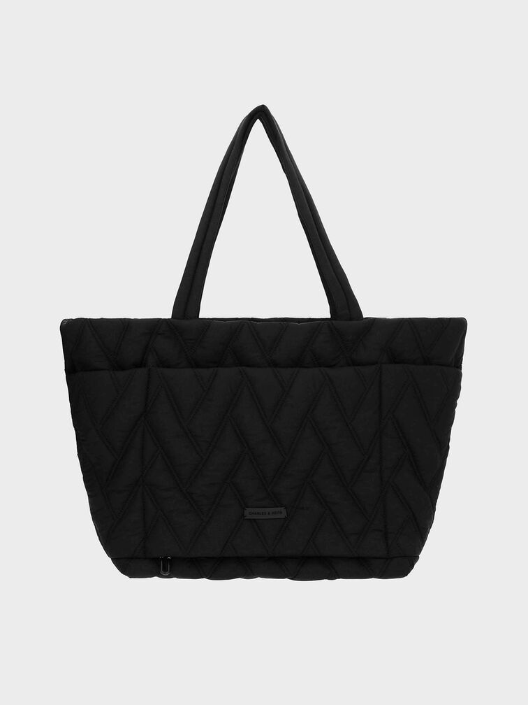Nylon Chevron Tote Bag, Jet Black, hi-res