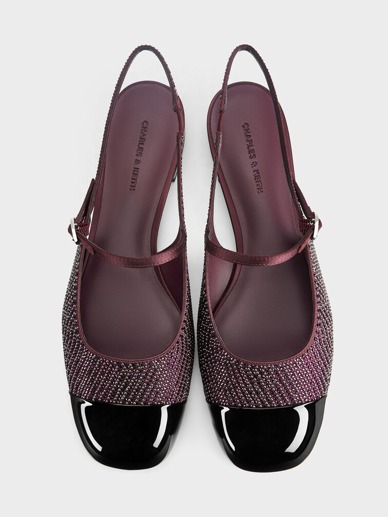 Pearl & Crystal-Embellished Cap-Toe Slingback Mary Jane Flats, Burgundy, hi-res