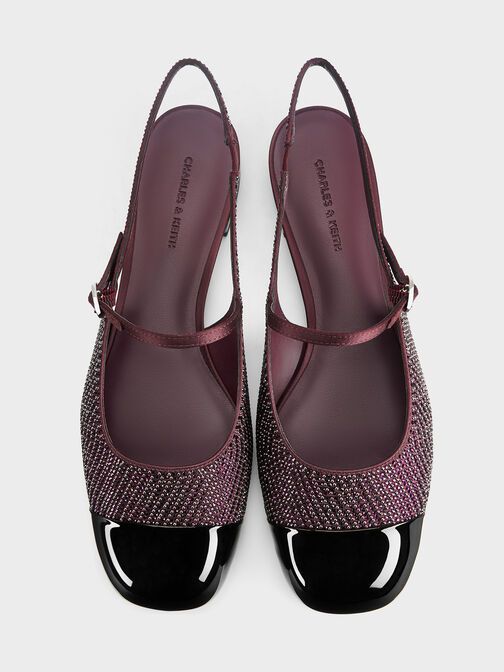 حذاء ماري جين فلات بكاب تو مزين باللؤلؤ والكريستال مع حزام خلفي, برغندي, hi-res