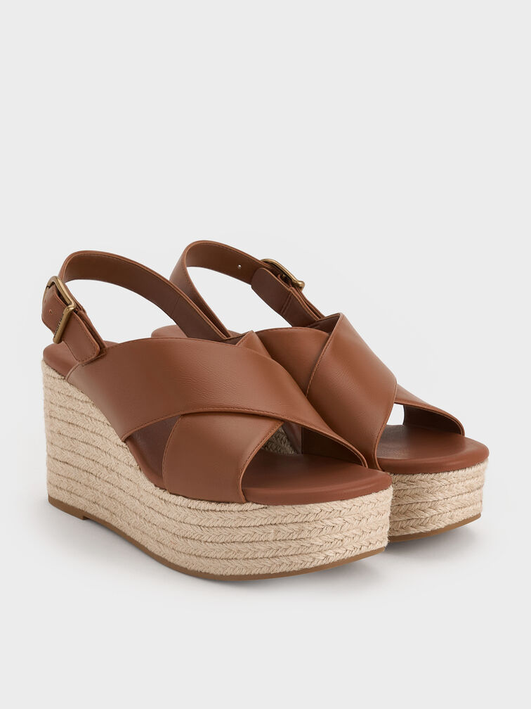 Crossover Espadrille Wedges, Brown, hi-res
