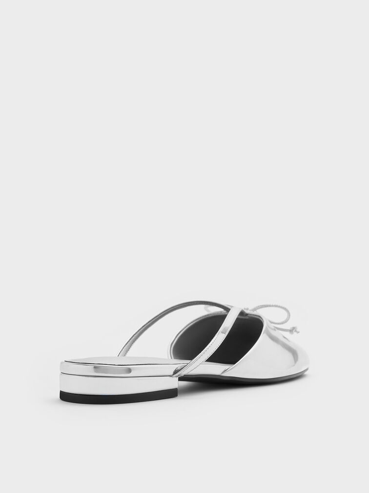 Metallic Pearl-Accent Bow Flat Mules, Silver, hi-res