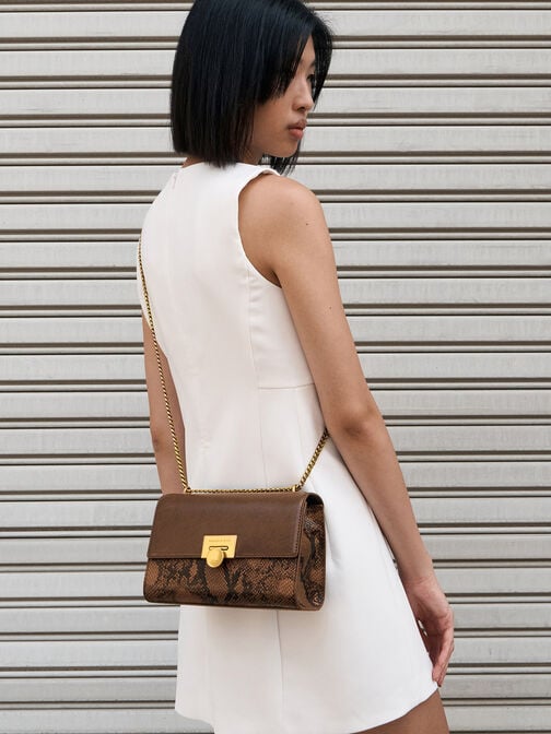 Ebba Snake Print Chain-Strap Bag, Brown, hi-res