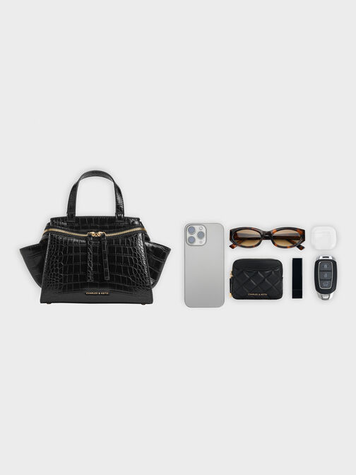 Pansy Trapeze Croc-Effect Top Handle Bag, Black, hi-res