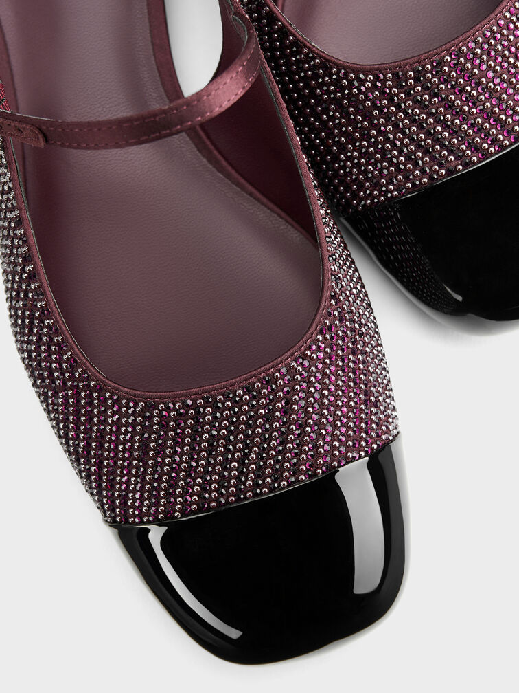 Pearl & Crystal-Embellished Cap-Toe Slingback Mary Jane Flats, Burgundy, hi-res