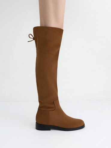 Faux Suede Fold-Over Thigh-High Boots, Brown, hi-res