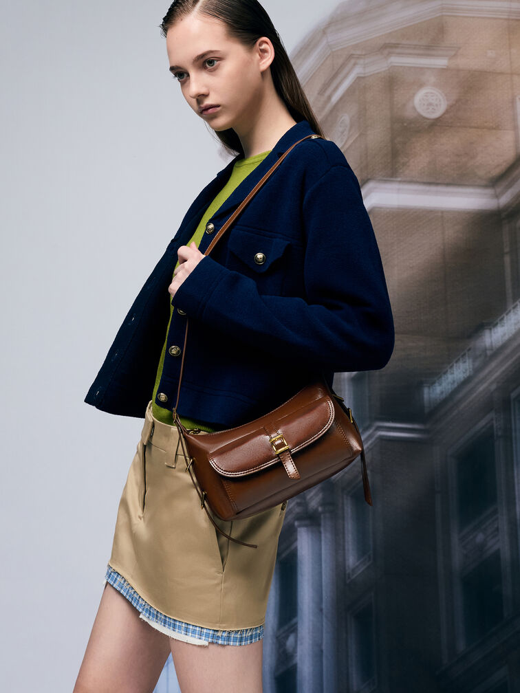 Bryna Belted Shoulder Bag, Dark Brown, hi-res