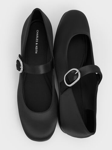 Jannie Satin Crystal-Buckle Mary Janes, Black Textured, hi-res