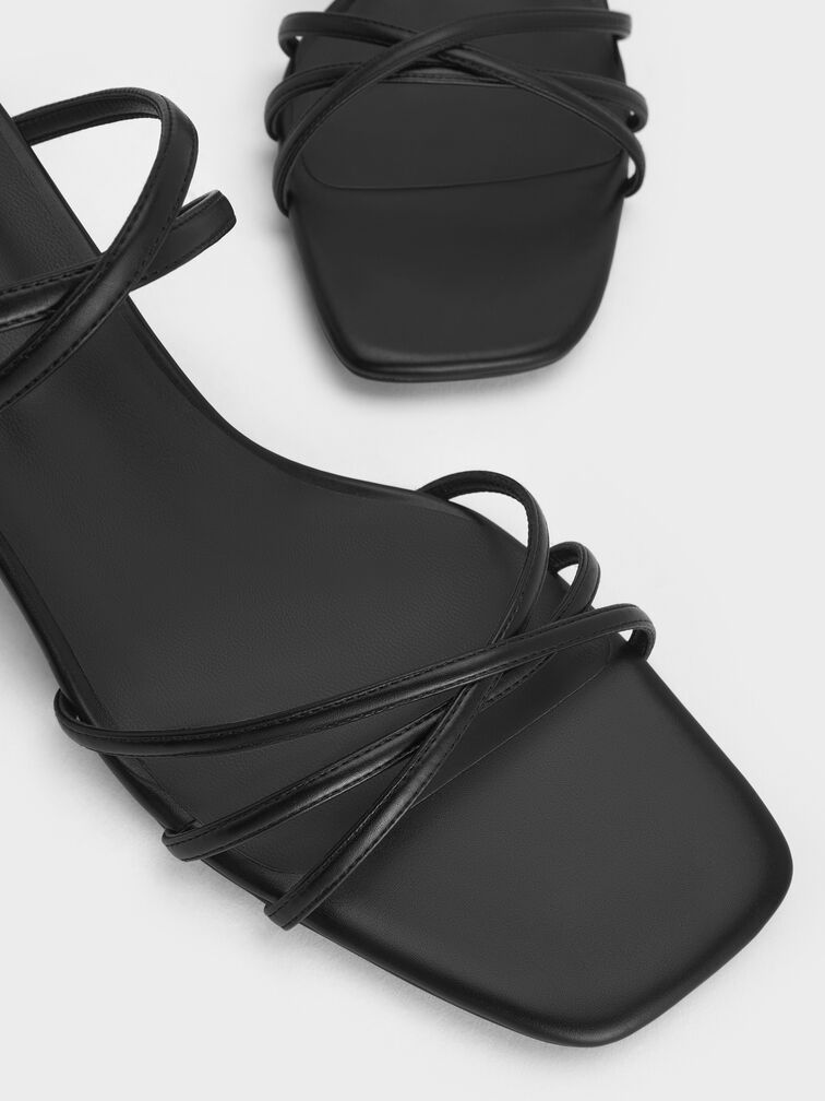 صندل بكعب صغير وأشرطة ومقدمة مربعة, أسود, hi-res