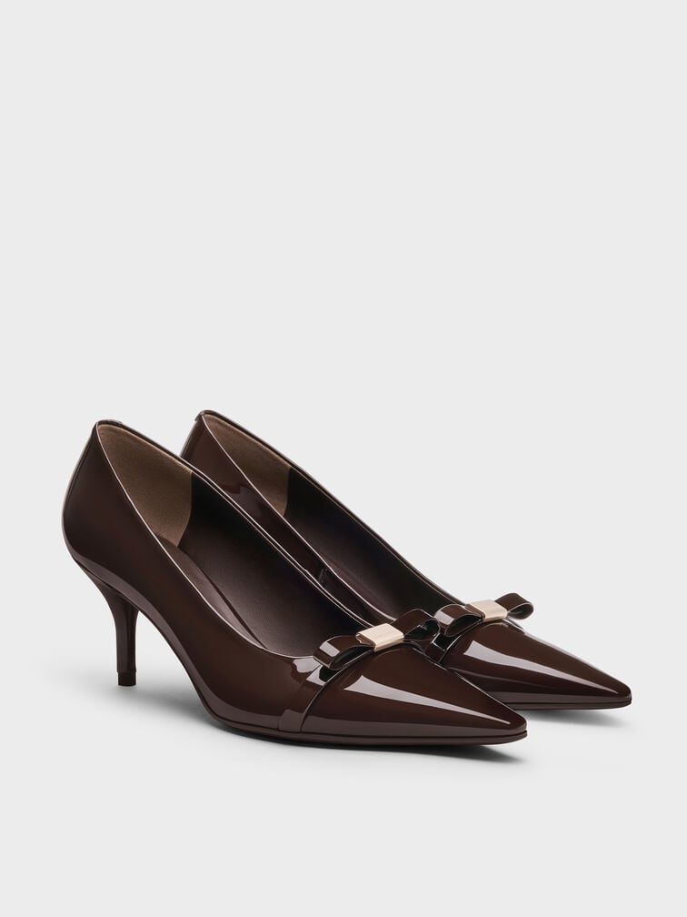 Dorian Patent Bow Pointed-Toe Stiletto-Heel Pumps, Dark Brown, hi-res