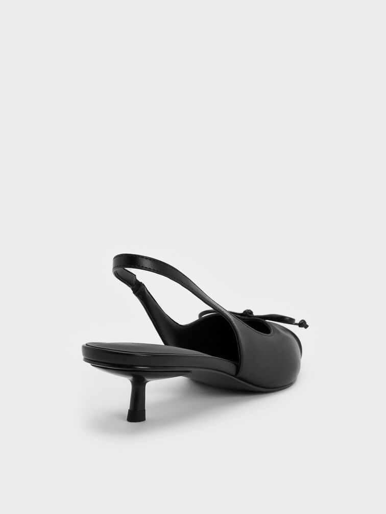 Ruched Bow Slingback Kitten Heels, Black, hi-res