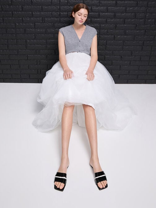 Two-Tone Bow Slide Sandals, Black Boxed, hi-res