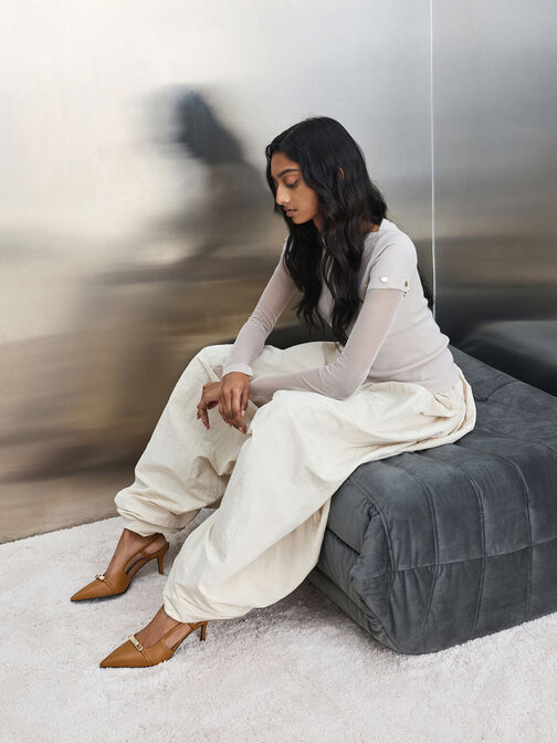 Metallic-Bar Pointed Slingback Pumps, Cognac, hi-res