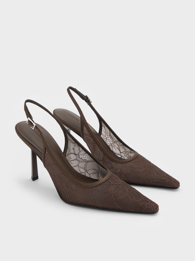 حذاء من الدانتيل والساتان مفتوح من الخلف بكعب (بامبس), بني محبّب غامق, hi-res