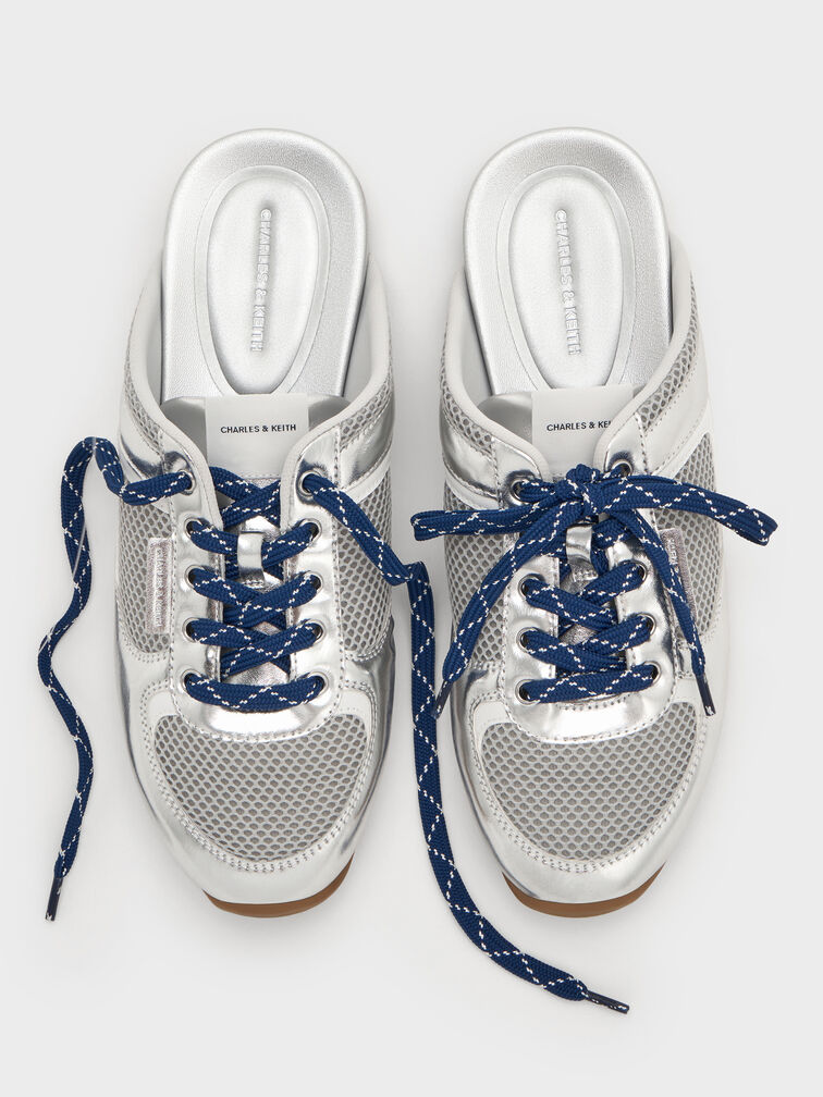 حذاء رياضي بتصميم سهل الارتداء من الدانتيل بتصميم شبكي بلون معدني مزخرف بأربطة منقوشة, فضي, hi-res