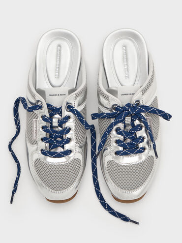 حذاء رياضي بتصميم سهل الارتداء من الدانتيل بتصميم شبكي بلون معدني مزخرف بأربطة منقوشة, فضي, hi-res