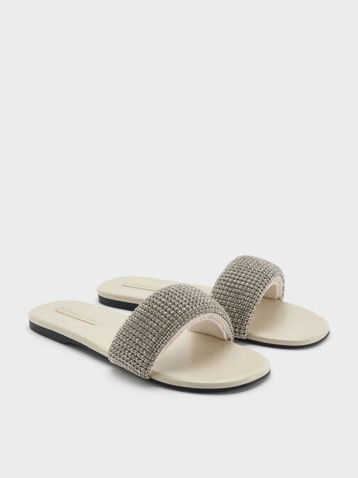 Faux Suede Crystal-Embellished Slide Sandals, Chalk, hi-res