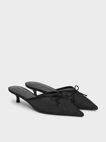 Glittered Mesh Bow Kitten Heels, Black Textured, hi-res