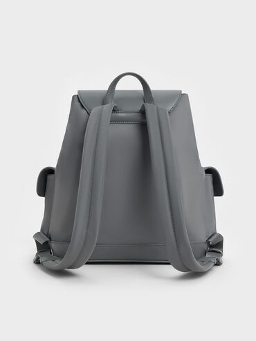 حقيبة ظهر منتفخة من النايلون مزينة بسلسلة معدنية, رمادي, hi-res