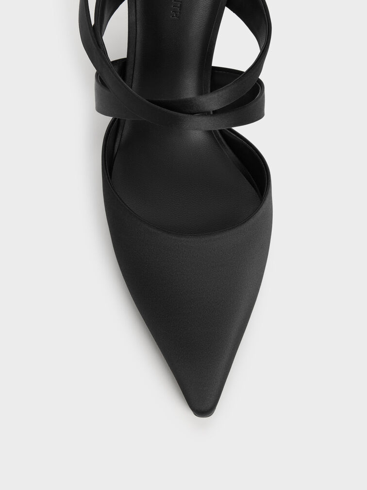 Satin Pleated-Strap Heeled Mules, Black Textured, hi-res