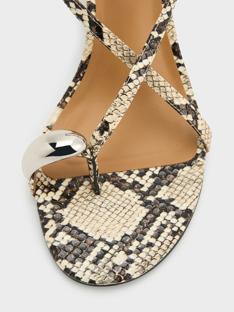 Raina Snake-Print Toe-Ring Heeled Sandals, Animal Print Natural, hi-res