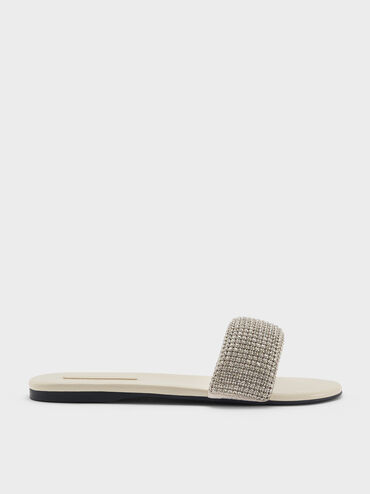 Faux Suede Crystal-Embellished Slide Sandals, Chalk, hi-res
