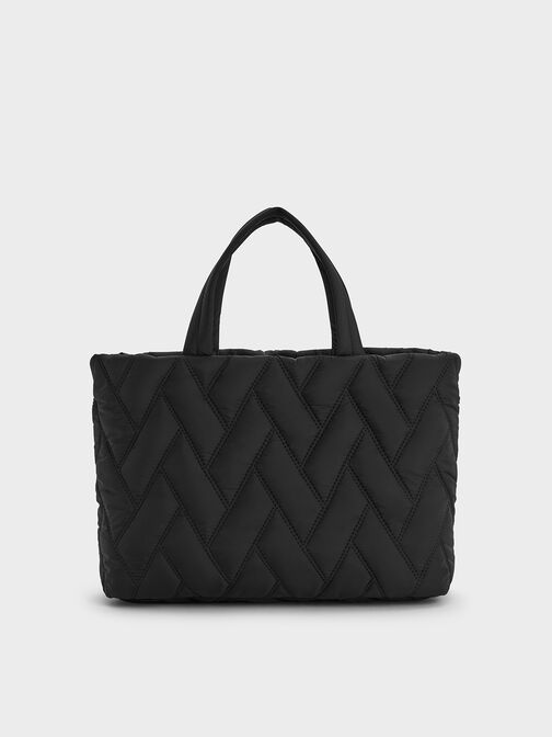 Nylon Chevron Boxy Tote Bag, Jet Black, hi-res