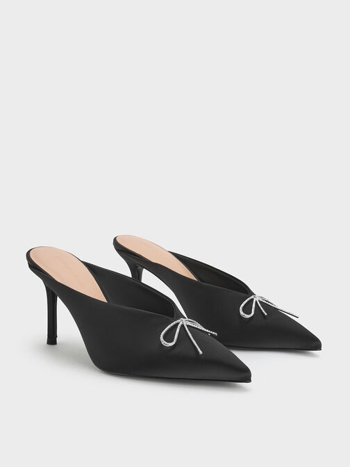 Recycled Polyester Crystal-Bow Pointed-Toe Heeled Mules, Black Textured, hi-res