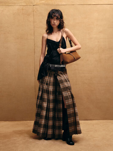 شنطة كتف لارك معاد تدويرها من شامواه بحزام, بني محمر, hi-res