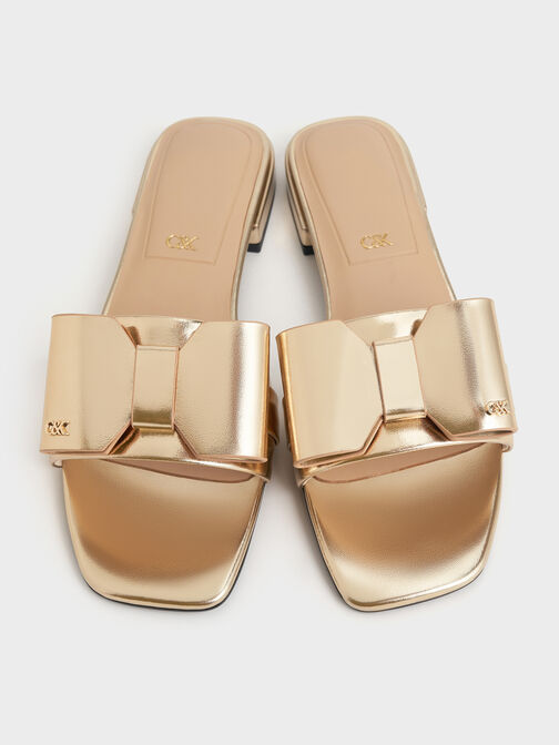 Lu Metallic Leather Bow Slide Sandals, Gold, hi-res