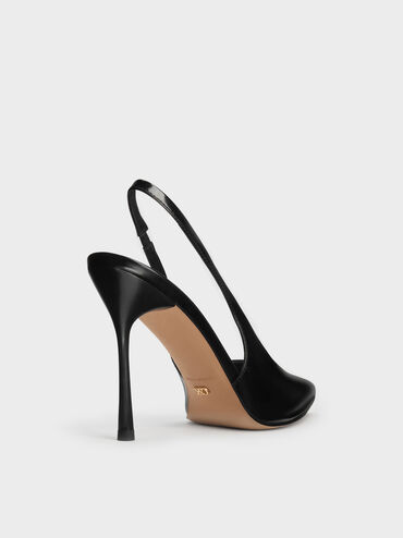 Leather Slingback Stiletto Pumps, Black Boxed, hi-res