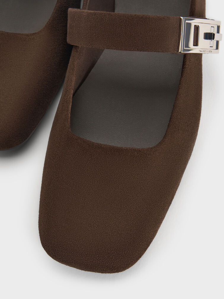 Lando Faux Suede Metallic-Buckle Mary Jane Flats, Dark Brown Textured, hi-res