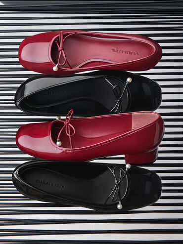 Barbara Patent Pearl-Bow Ballet Pumps, Black Patent, hi-res
