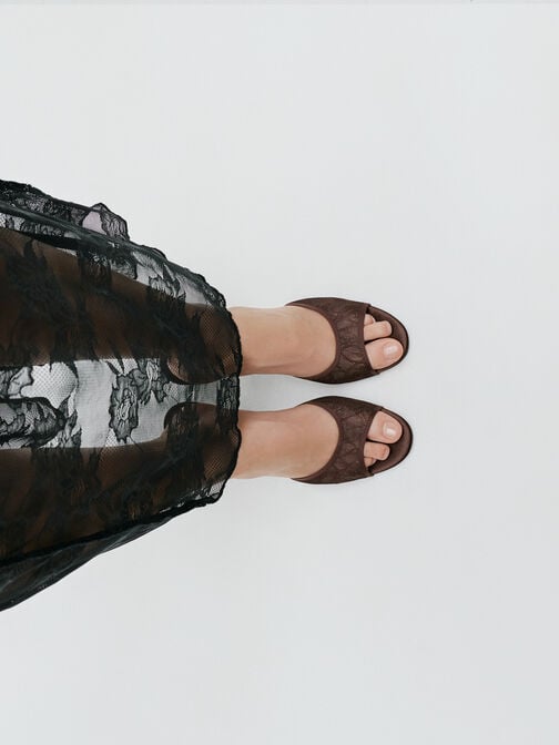 ميولز من الدانتيل بكعب ستيليتو, بني محبّب غامق, hi-res