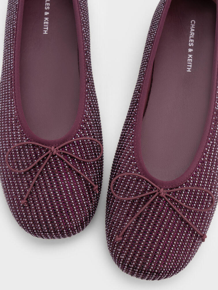 Satin Crystal-Embellished Bow Ballet Flats, Burgundy, hi-res