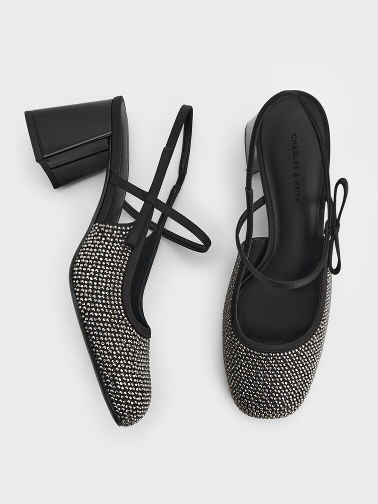 Satin Crystal-Embellished Slingback Mary Jane Pumps, Black Textured, hi-res