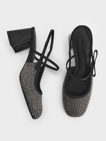 Satin Crystal-Embellished Slingback Mary Jane Pumps, Black Textured, hi-res