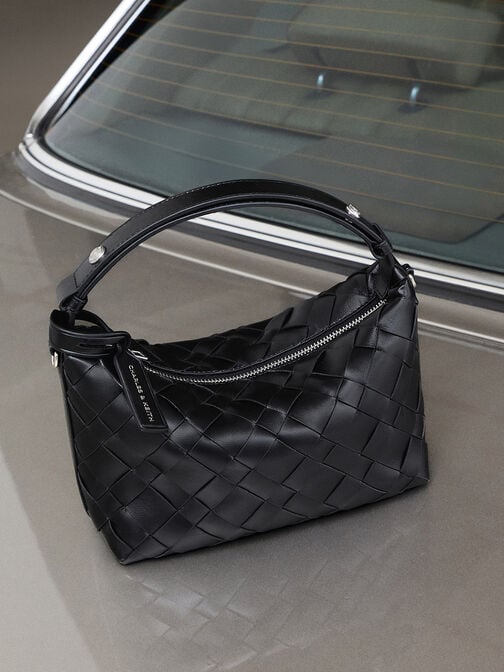 Ivette Woven Shoulder Bag, Noir, hi-res