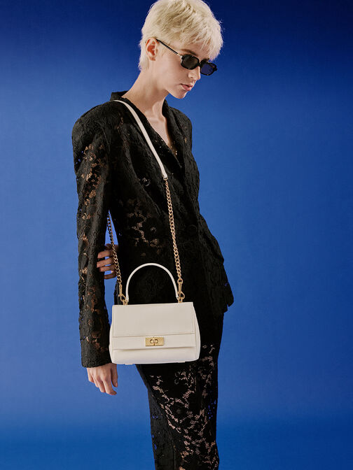 Lennie Chain-Strap Top Handle Bag, Cream, hi-res