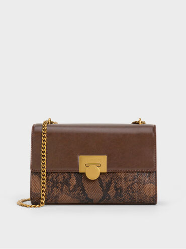 Ebba Snake Print Chain-Strap Bag, Brown, hi-res