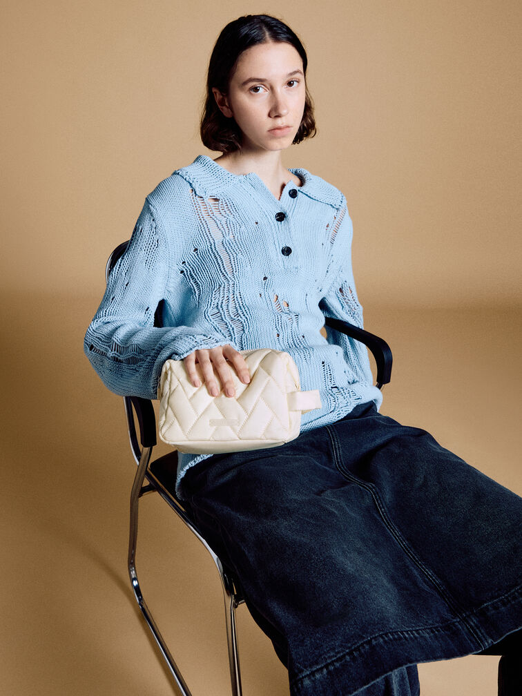 Nylon Chevron Pouch, Cream, hi-res