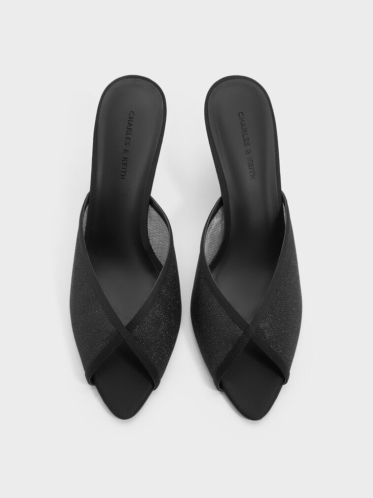 حذاء ميول بكعب ومقدمة مفتوحة من القماش الشبكي اللامع, أسود خشن, hi-res