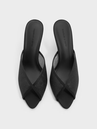 حذاء ميول بكعب ومقدمة مفتوحة من القماش الشبكي اللامع, أسود خشن, hi-res